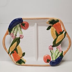Hand-Painted Vegetable Motif Divided Serving Platter - White & Multicolor